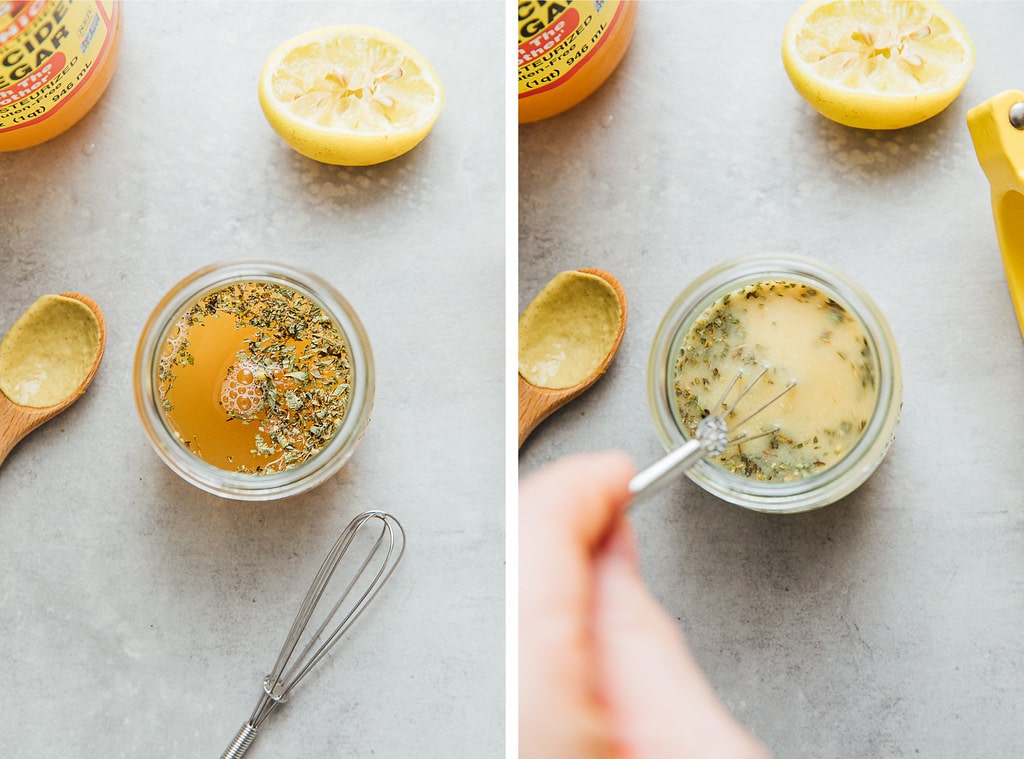 side by side photos showing the process of making mediterranean vinaigrette.