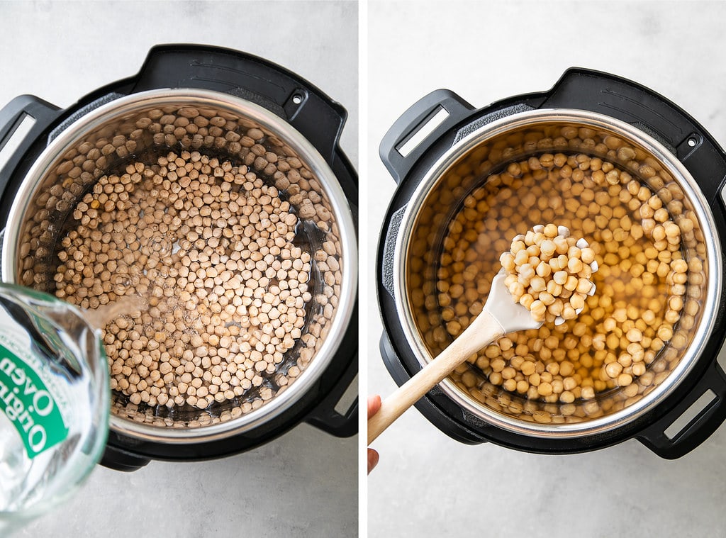 side by side photos showing the process of making unsoaked Instant Pot chickpeas.
