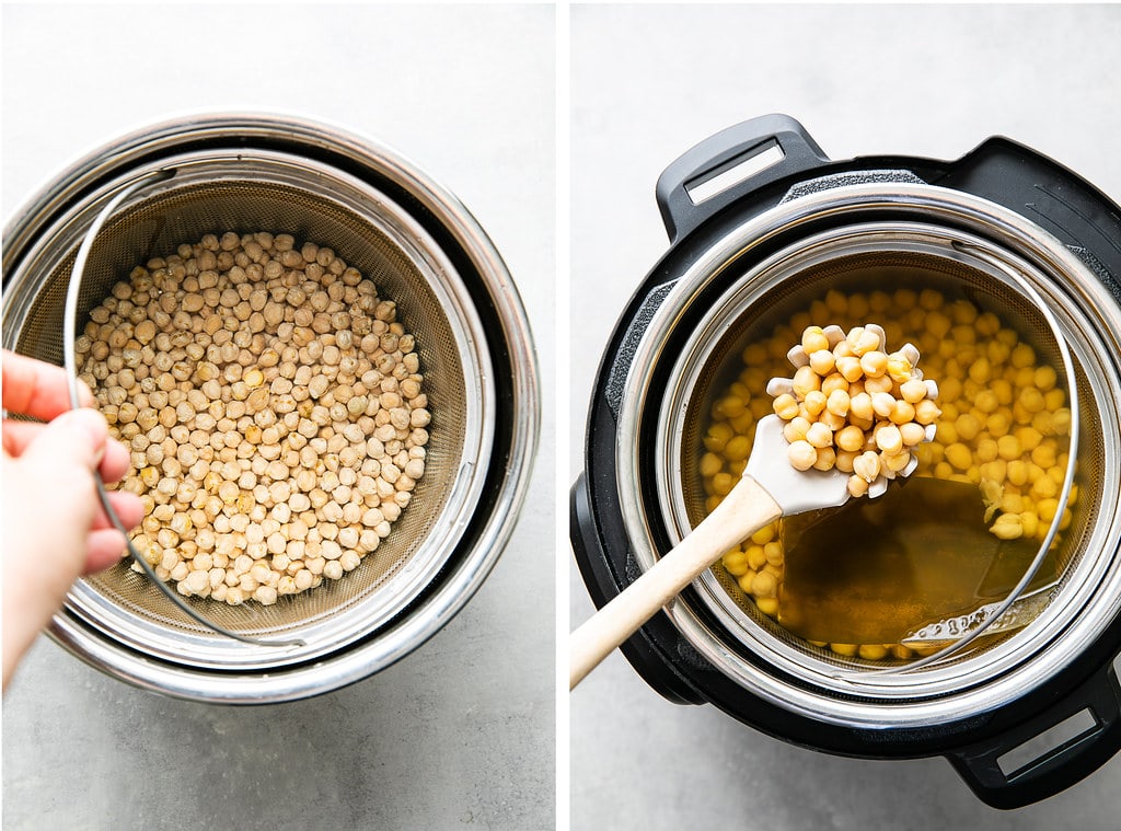 side by side photos showing the process of making Instant Pot chickpeas using soaked chickpeas.