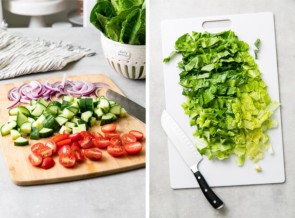 side by side photos showing the process of prepping produce.