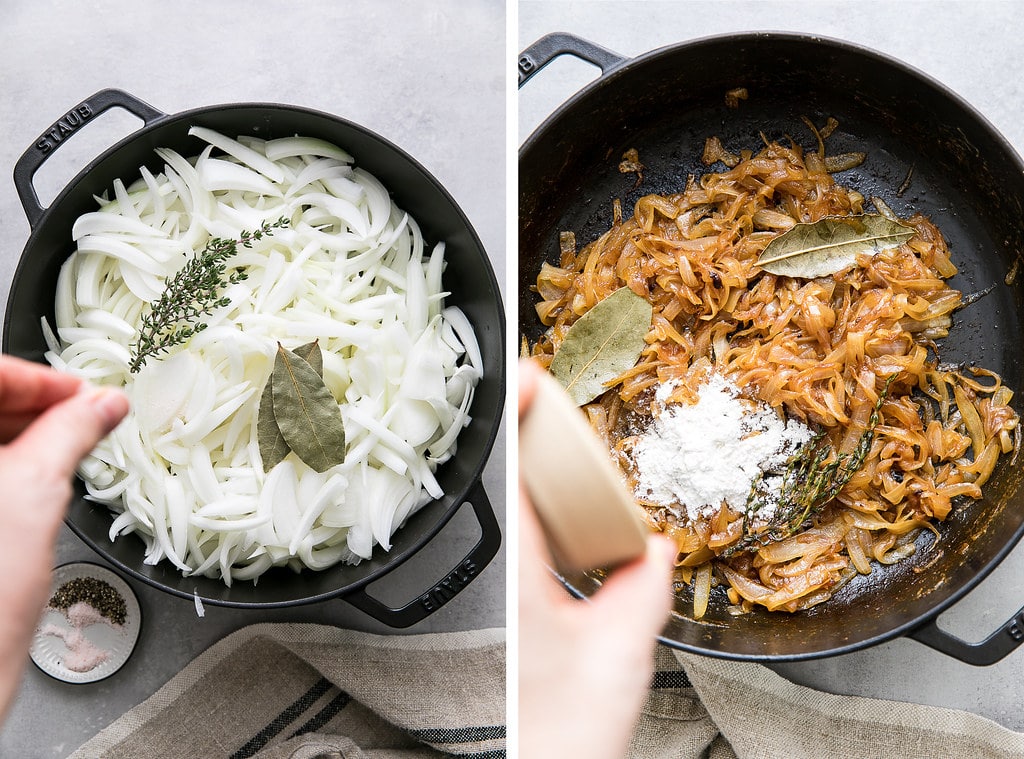 side by side photos showing the process of caramelizing onions.