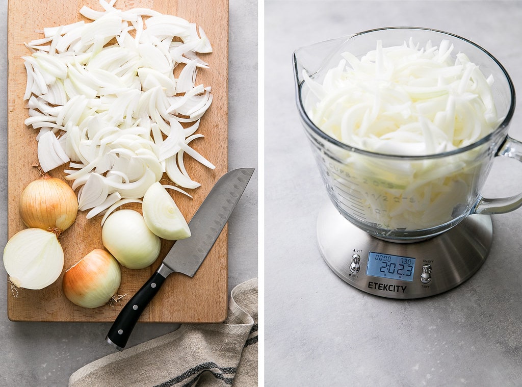 side by side photos of prepped onions and measuring onions on a scale.