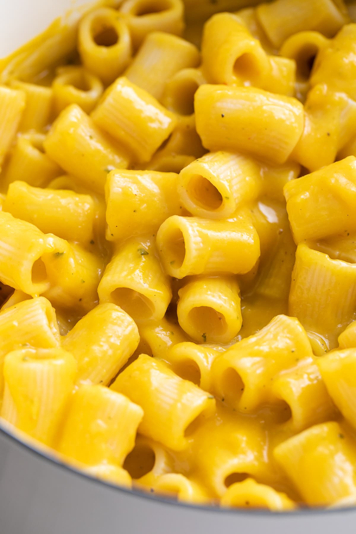 up close view of butternut squash pasta sauce tossed with rigatoni.