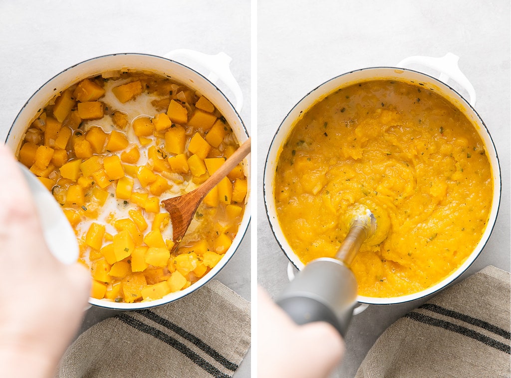 side by side photos showing the process of adding milk and pureeing butternut squash pasta sauce.