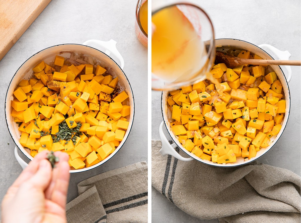side by side photos showing the process of making vegan butternut squash pasta sauce.