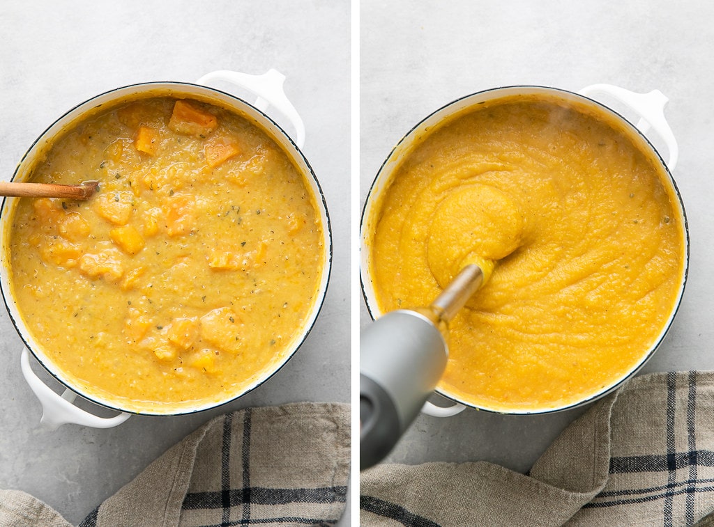 side by side photos showing the process of pureeing butternut squash red lentil soup.