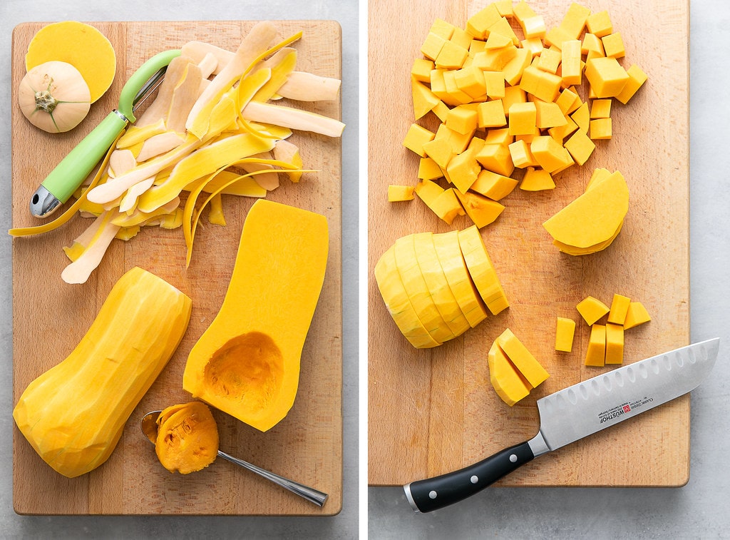 side by side photos showing the process of prepping and cutting butternut squash.