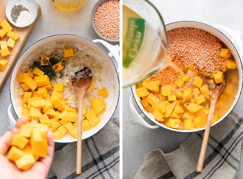side by side photos showing the process of making vegan butternut squash red lentil soup in a white pot with items surrounding.