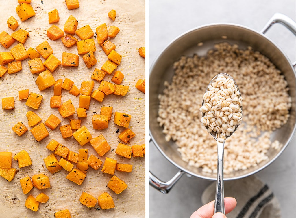 side by side photos of roasted butternut squash on baking sheet and cooked farro.