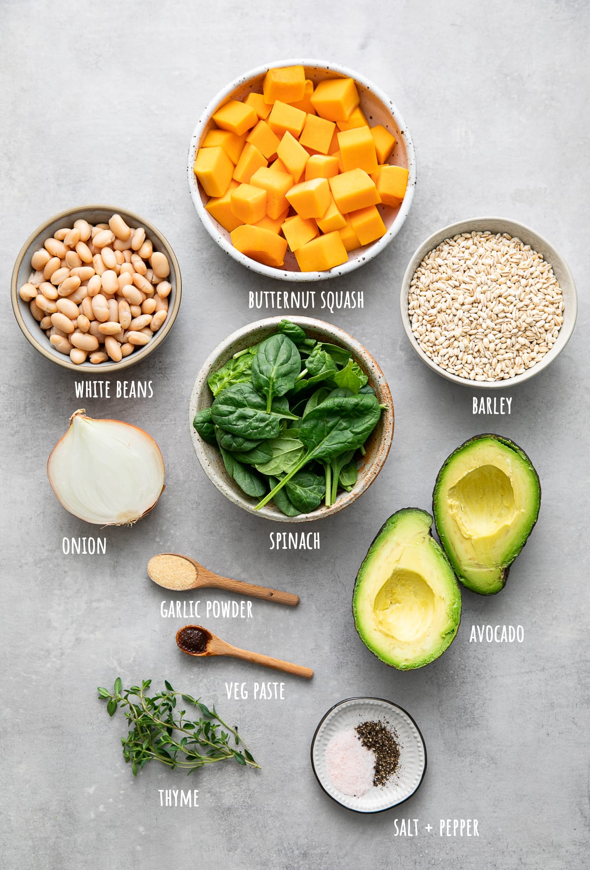 top down view of ingredients used to make healthy barley grain bowl recipe.