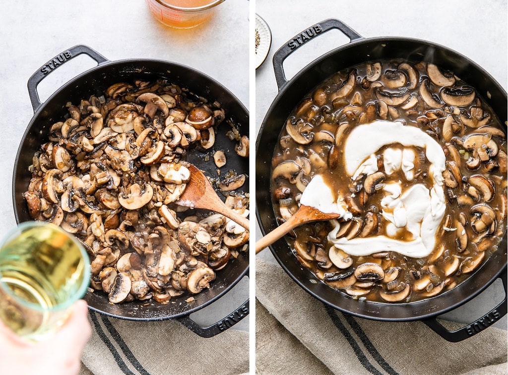 side by side photos of adding wine and sour cream to mushroom stroganoff while cooking.