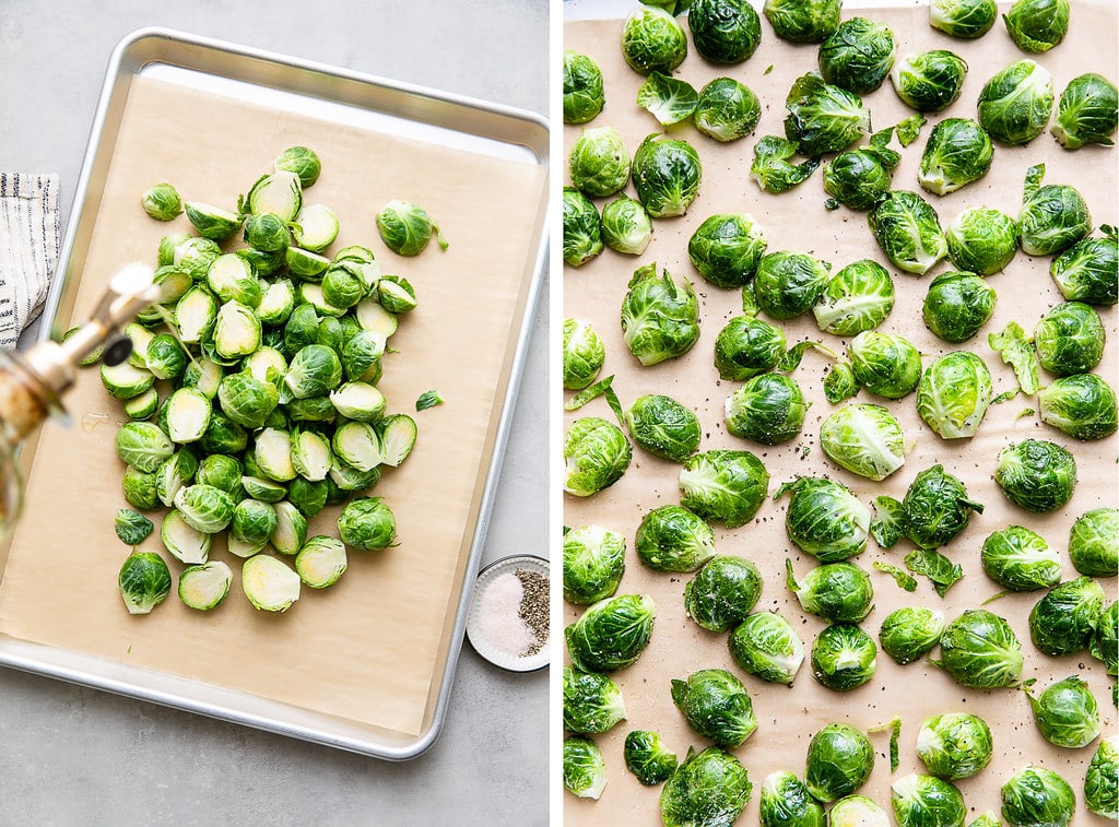 side by side photos of prepping brussels sprouts with oil and layer on baking sheet.
