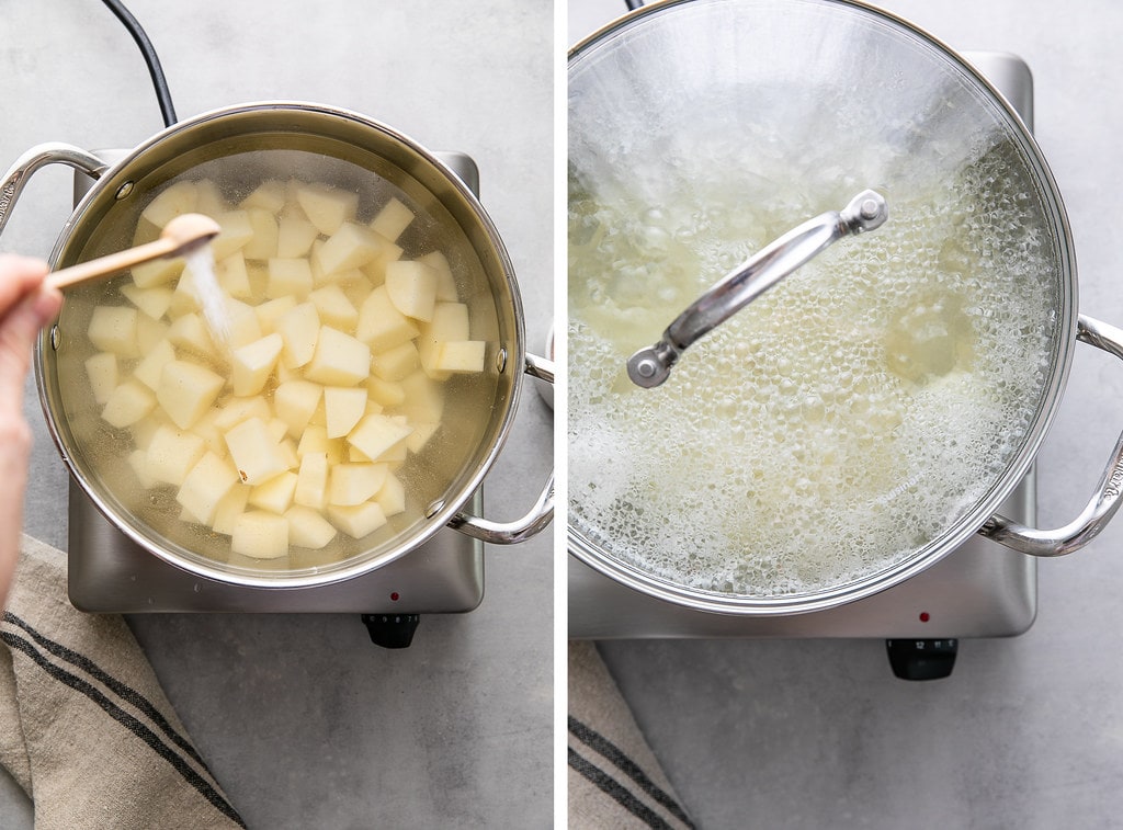 side by side photos showing the process of boiling vegan mashed potatoes.