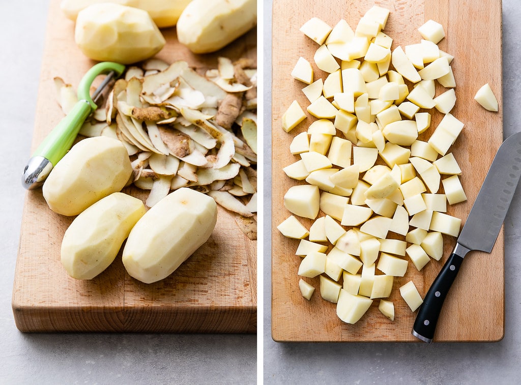 side by side view showing the process of prepping potatoes.