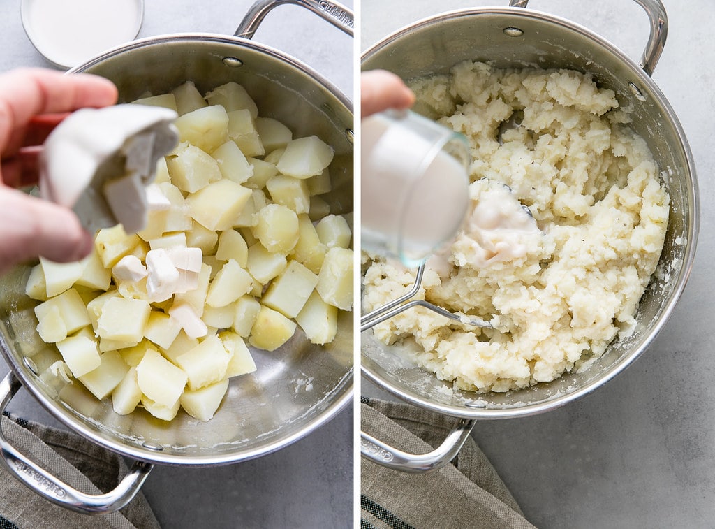 side by side photos showing the process of making vegan mashed potatoes.
