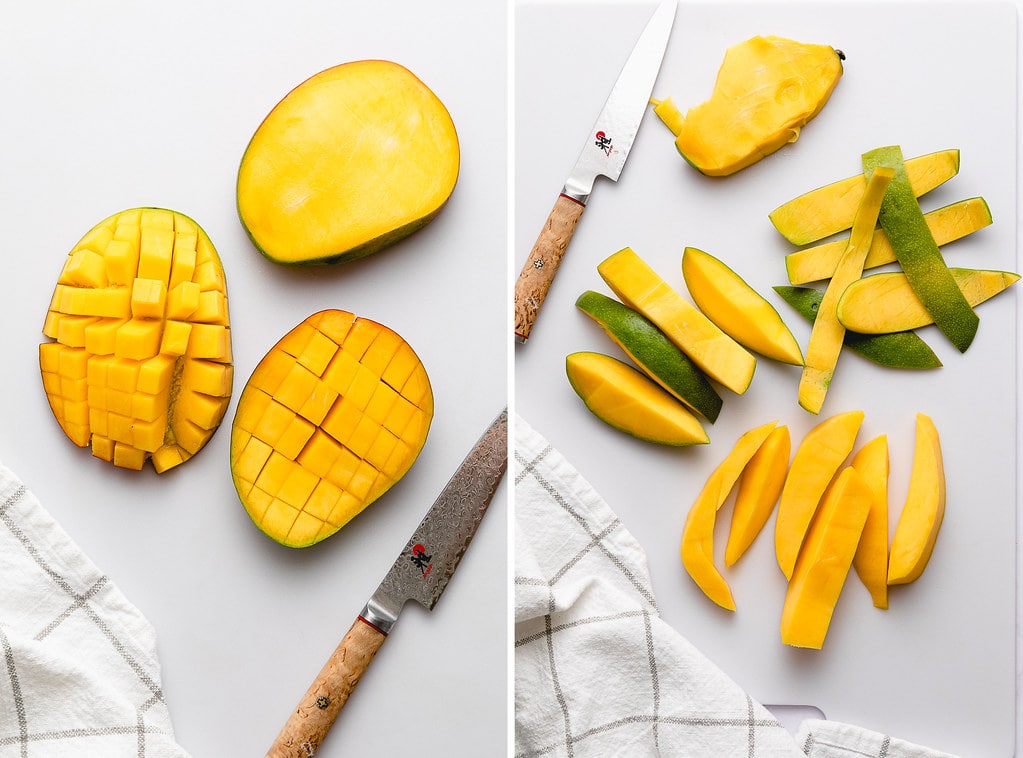 top down view of different ways to slice mango.