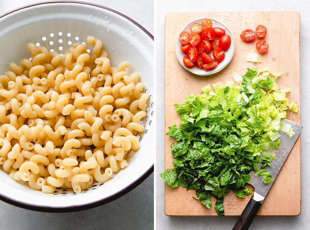 side by side photos of cooked pasta and prepped romaine.