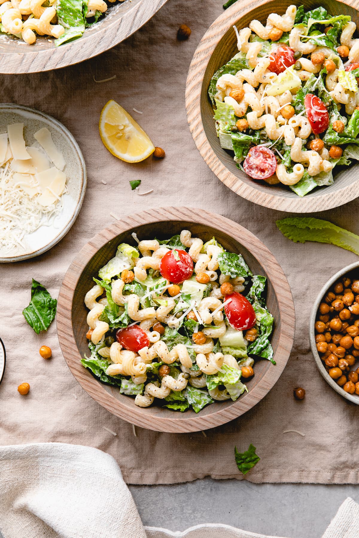 top down view of plated oil free caesar pasta salad.