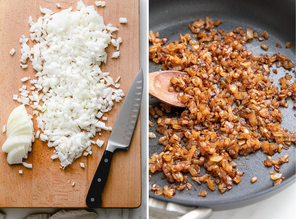 side by side photos of diced onions before and after caramelizing.