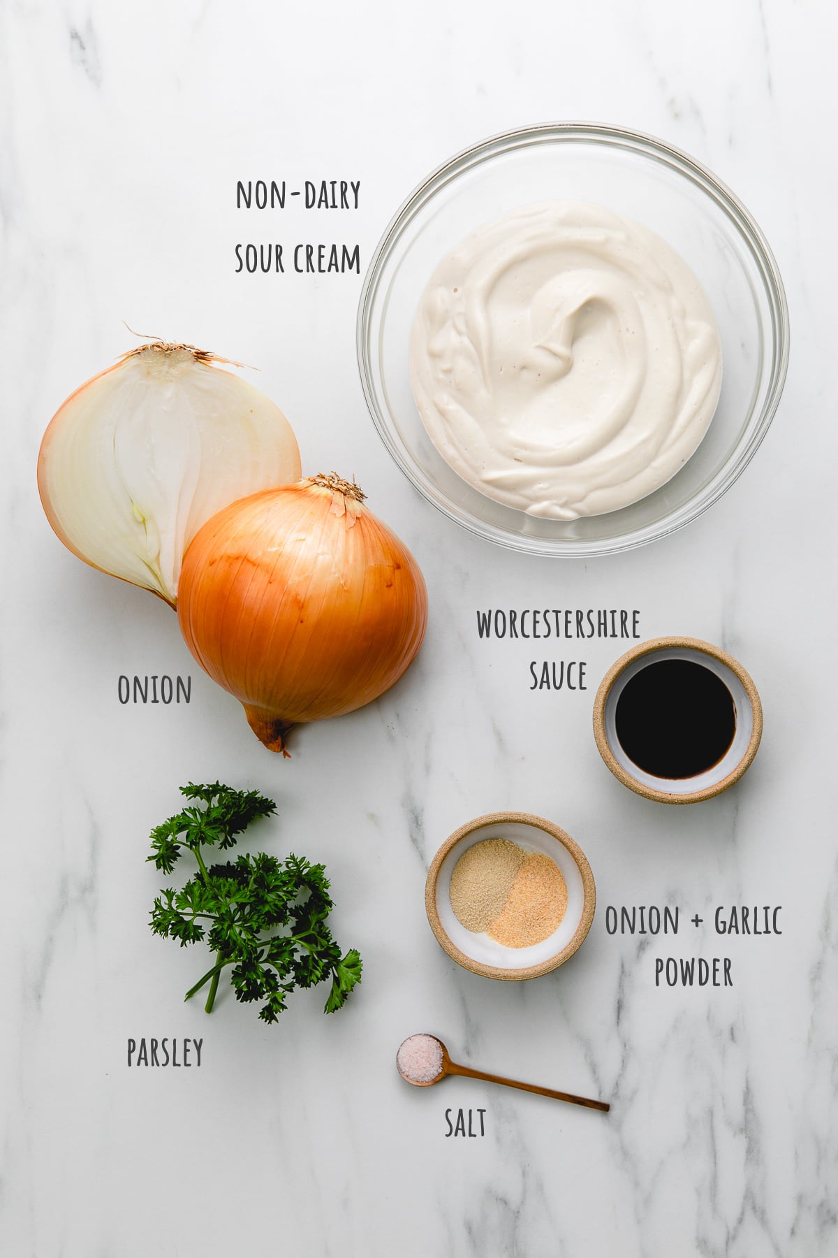 top down view of ingredients used to make vegan french onion dip recipe.