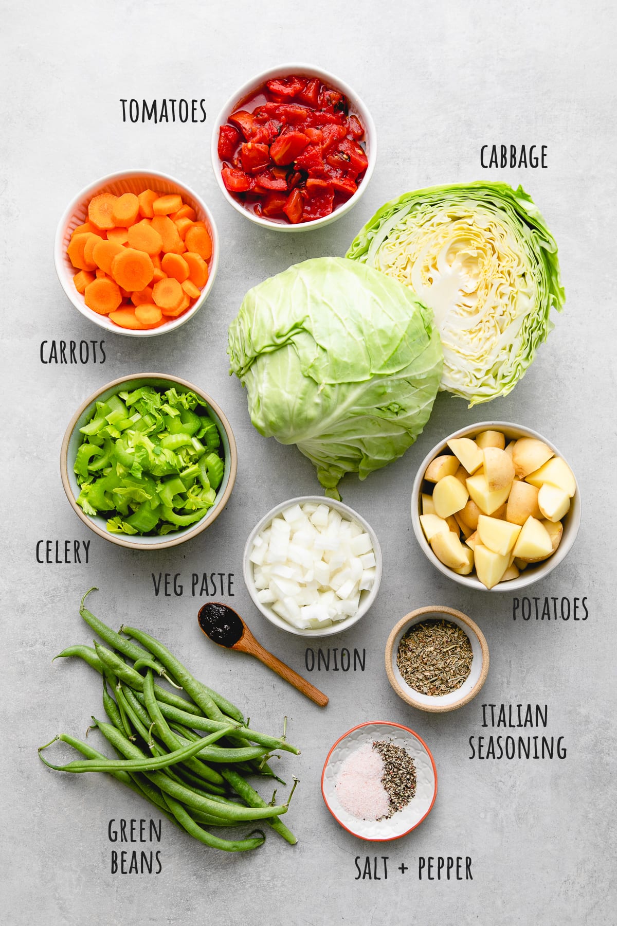 top down view of ingredients used to make cabbage soup recipe.