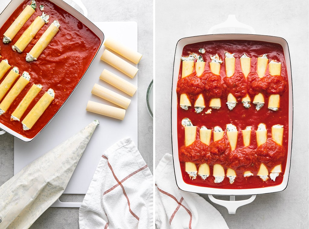 side by side photos showing the process of making vegan cannelloni.