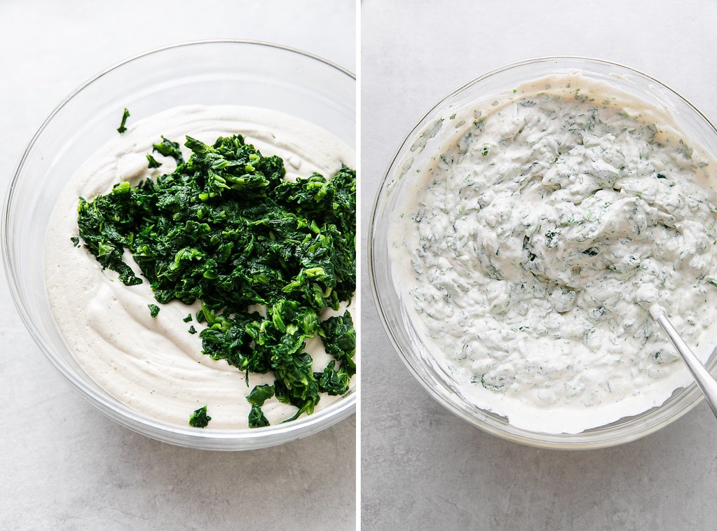 side by side photos of vegan ricotta mixed with spinach.