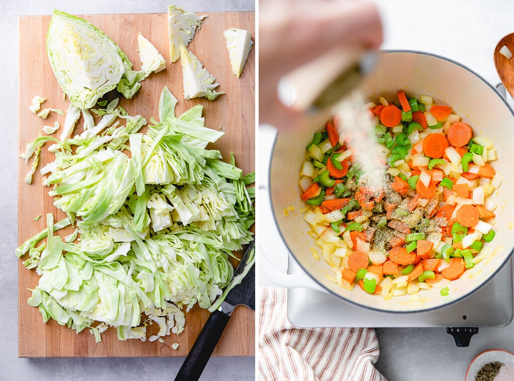 side by side photos showing the process of prepping cabbage and sauteing veggies.