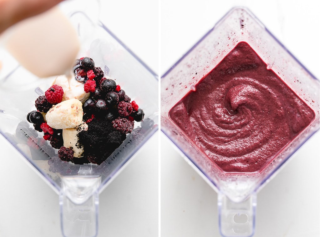 side by side photos showing the process of making an acai smoothie in a blender.