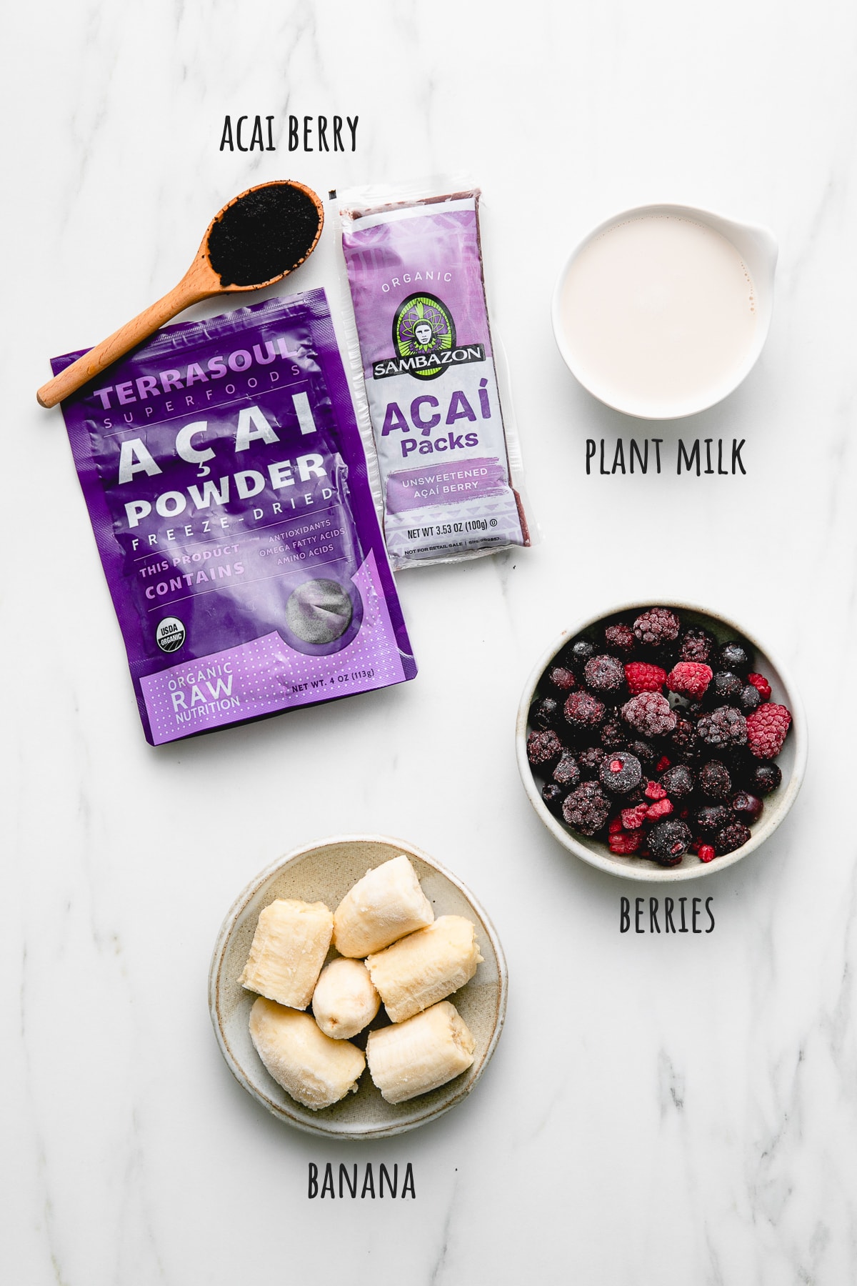 top down view of ingredients used to make best acai smoothie recipe.