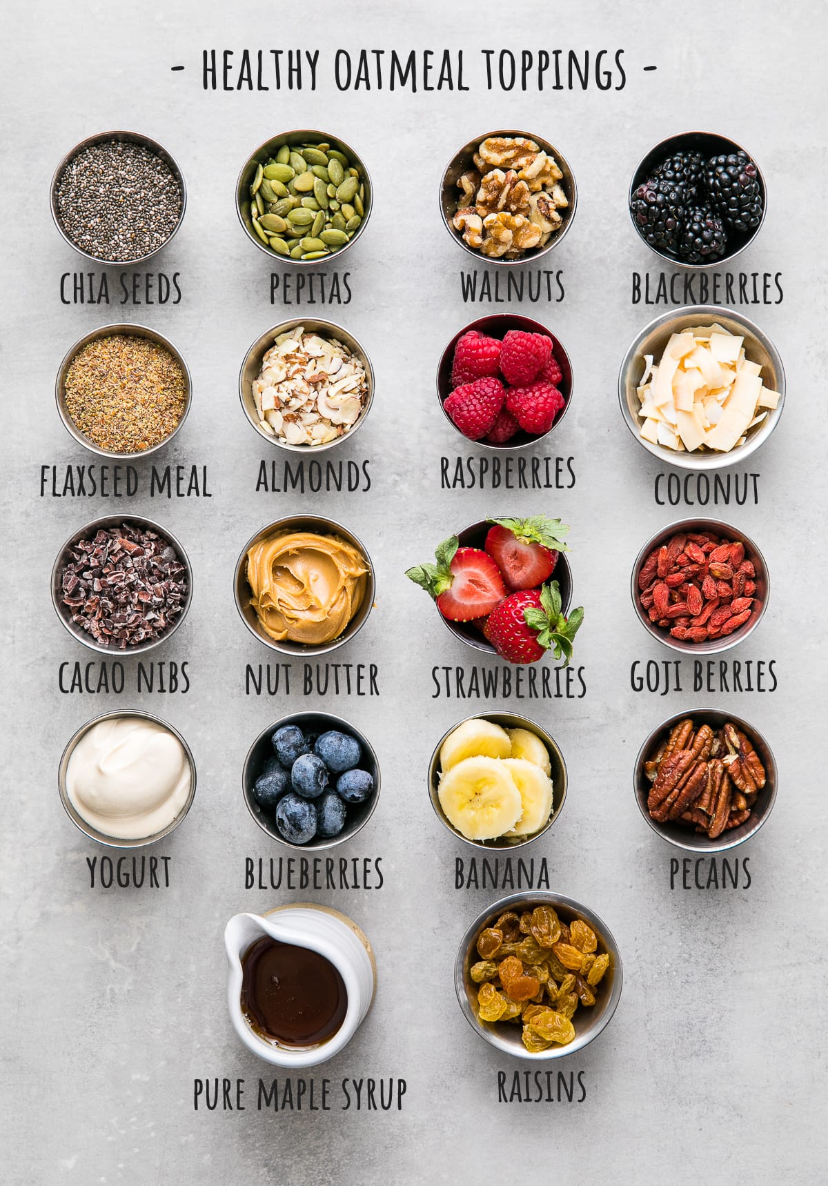 top down view of various ingredients to use for topping overnight oats.