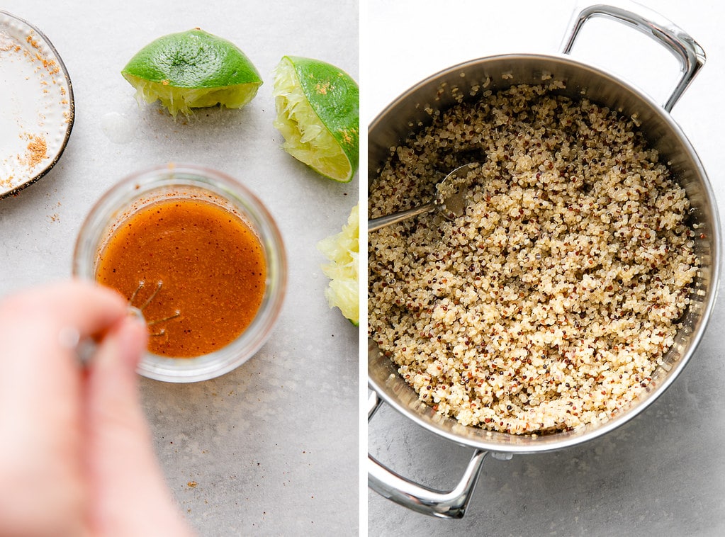 side by side photos of fresh made chili-lime dressing and cooked quinoa.