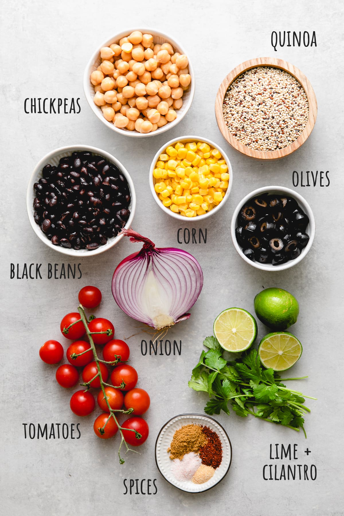 top down view of ingredients used to make southwest quinoa salad.