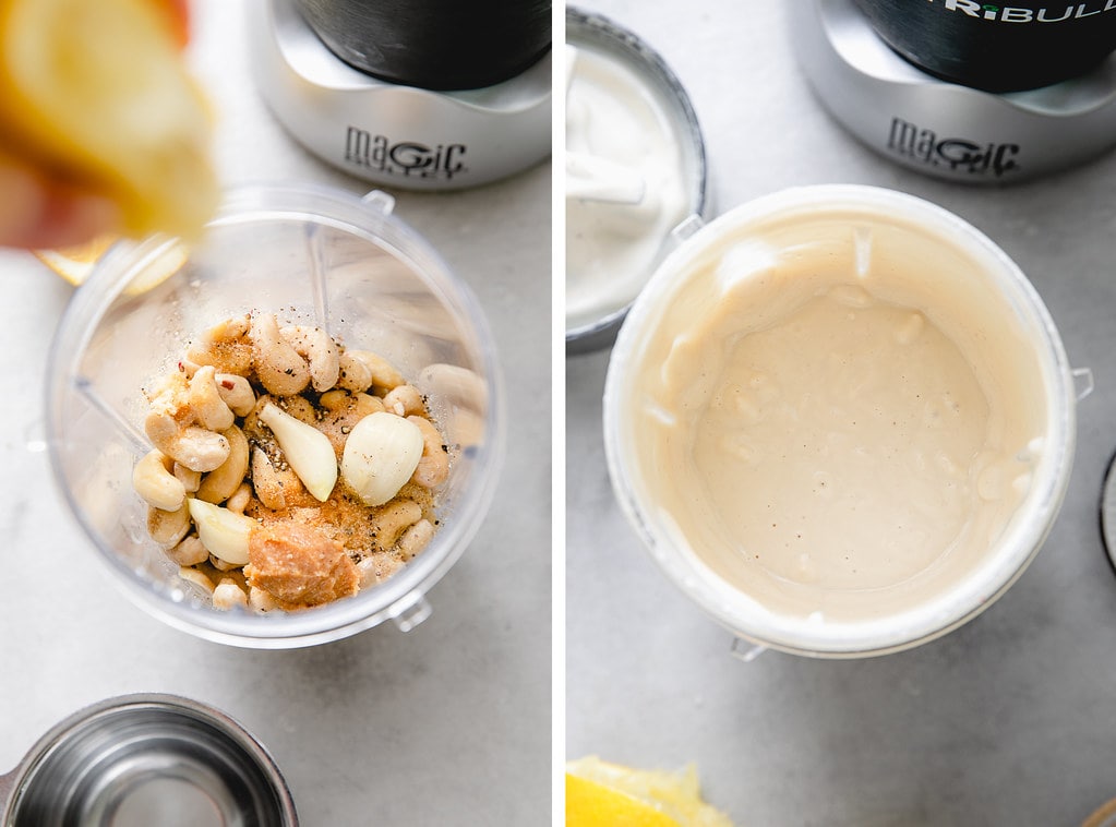 side by side photos showing the process of making vegan alfredo sauce.