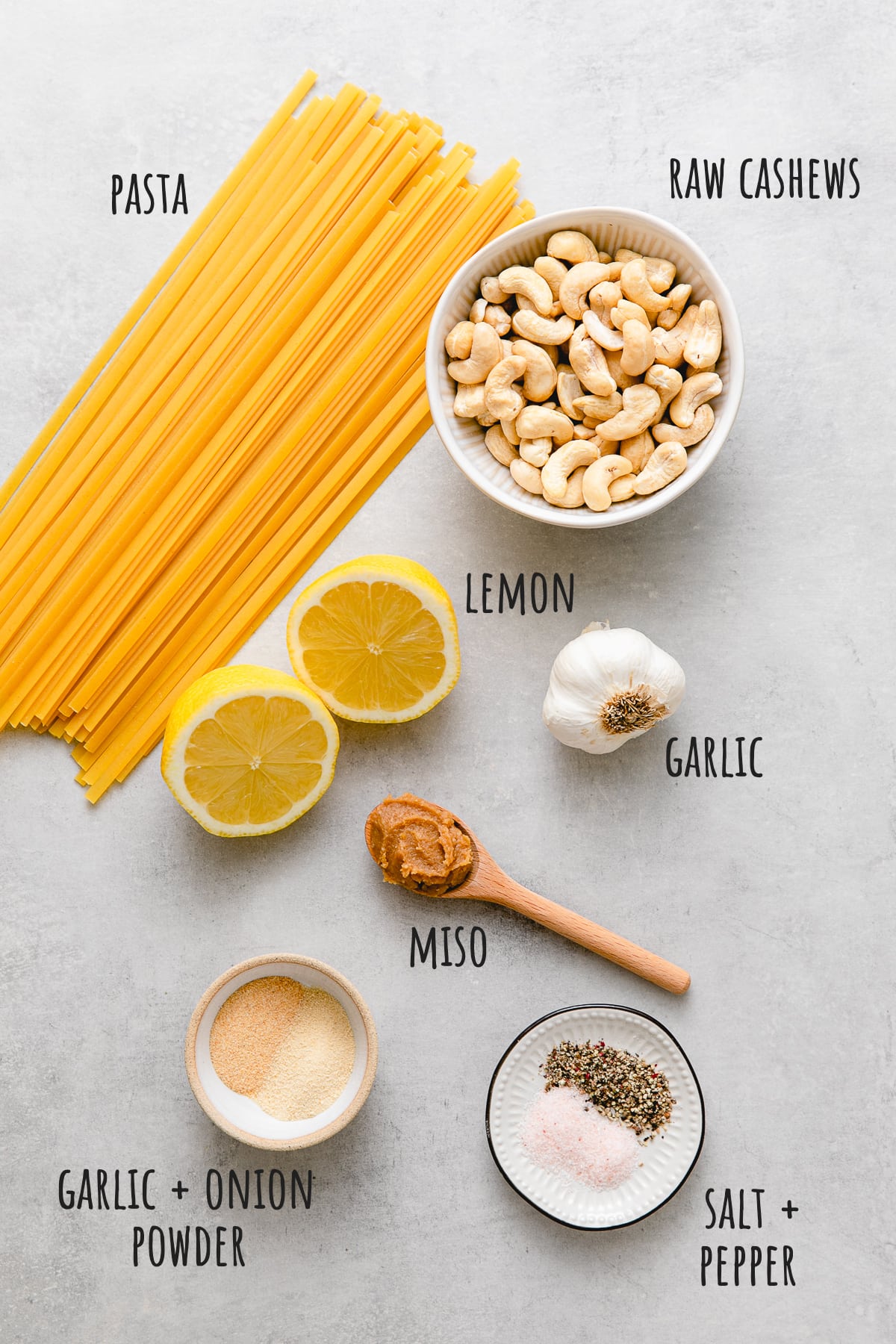 top down view of ingredients used to make vegan alfredo sauce with cashews.