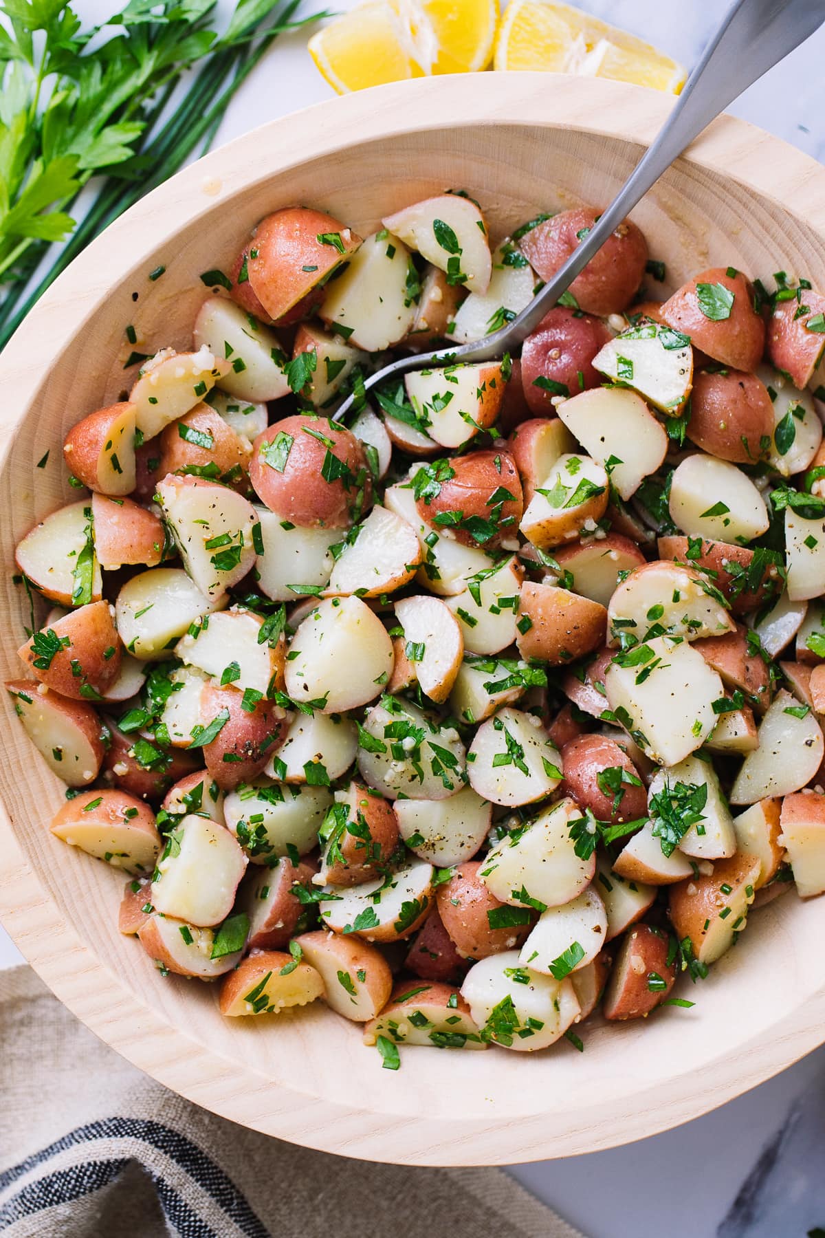 top down view of vegan herbed potato salad.