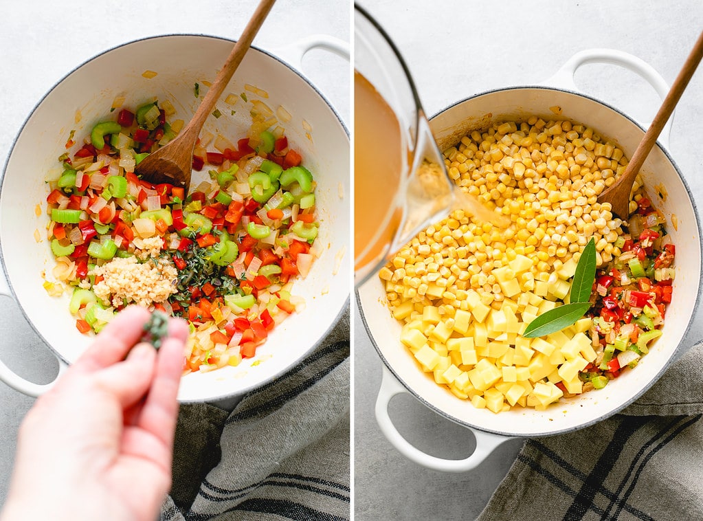 side by side photos showing the process of making vegan corn chowder.