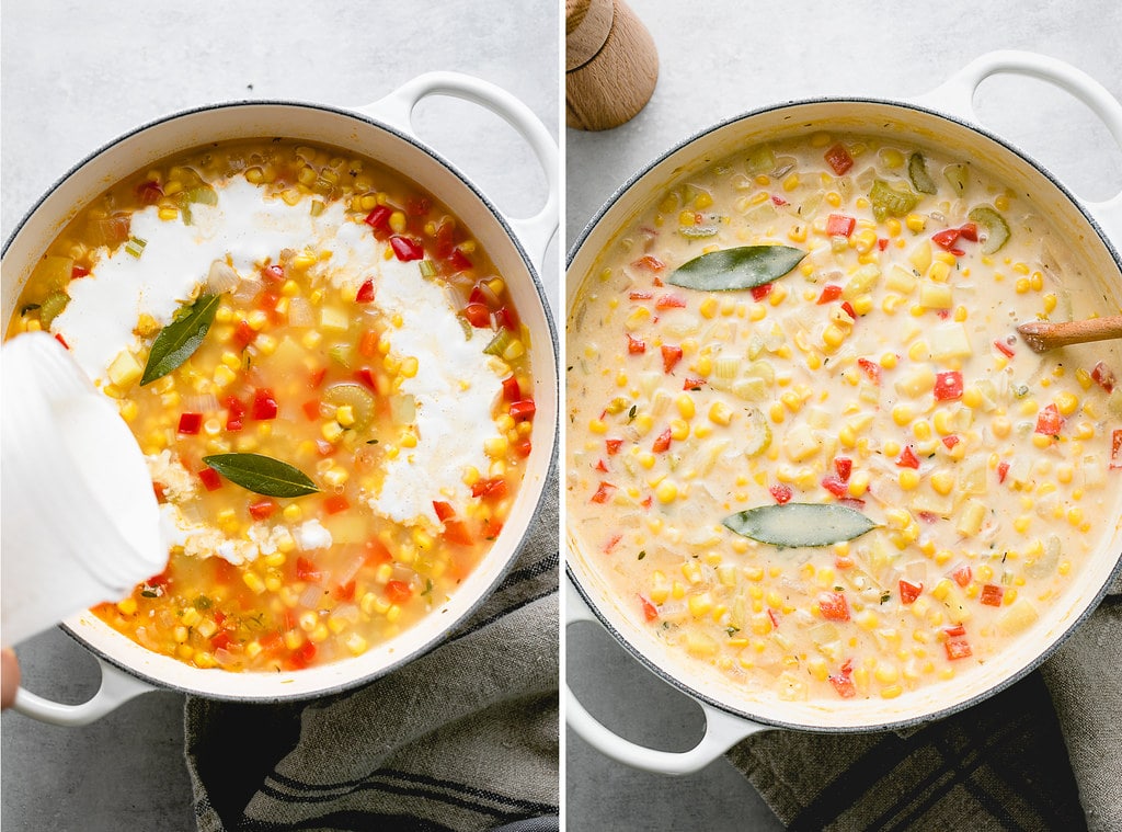 side by side photos showing the process of preparing vegan corn chowder.