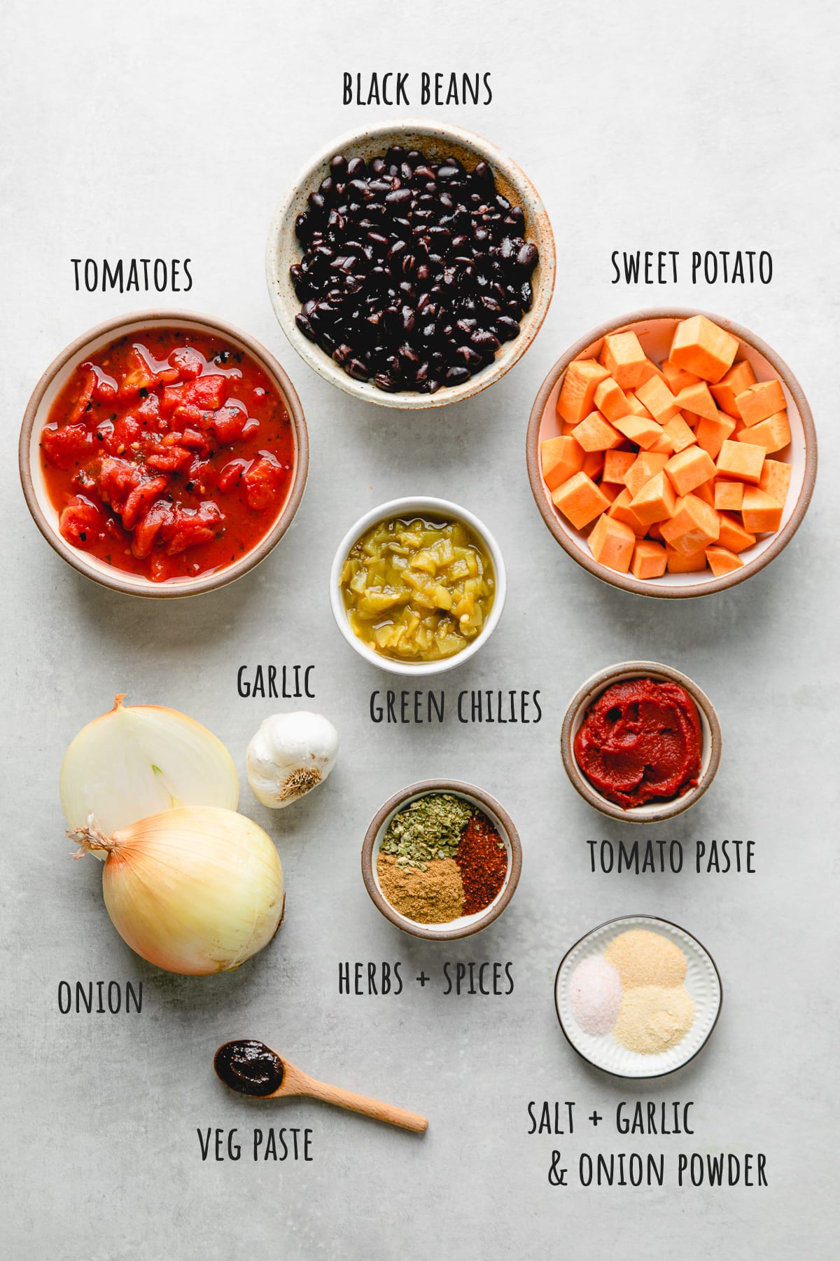 top down view of ingredients used to make sweet potato black bean chili recipe.