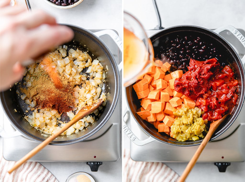 side by side photos showing process of making sweet potato black bean chili recipe.