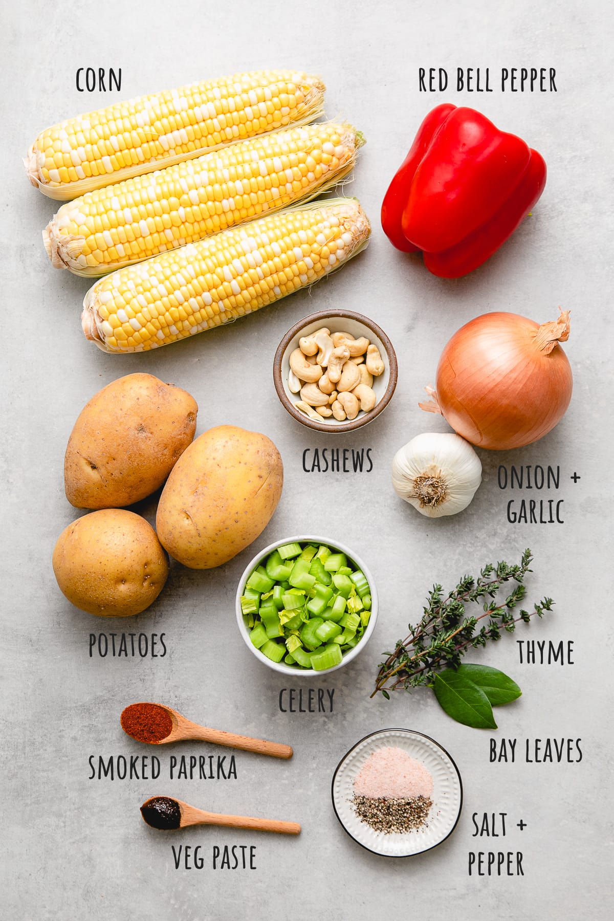 top down view of ingredients used to make vegan corn chowder.