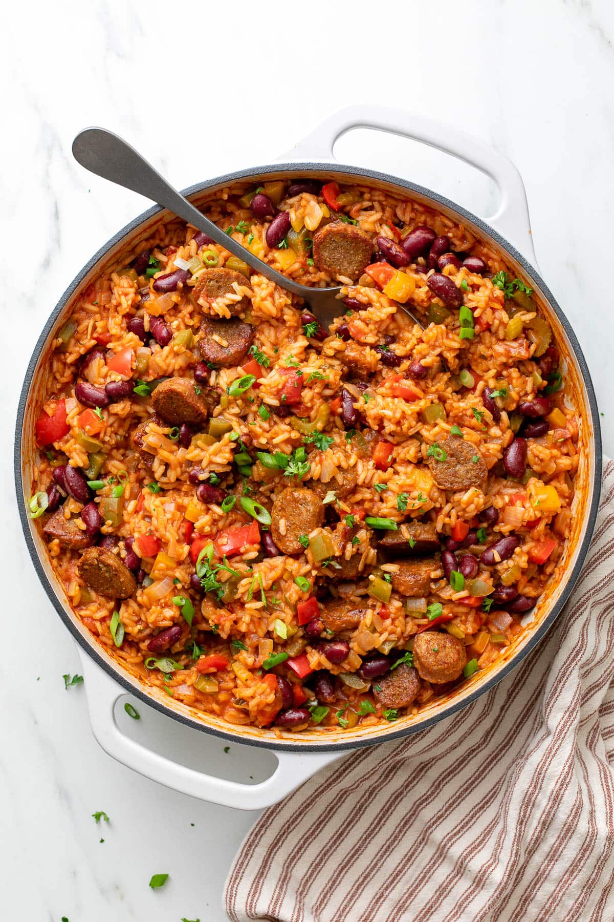 top down view of fresh made vegan jambalaya in a pan.