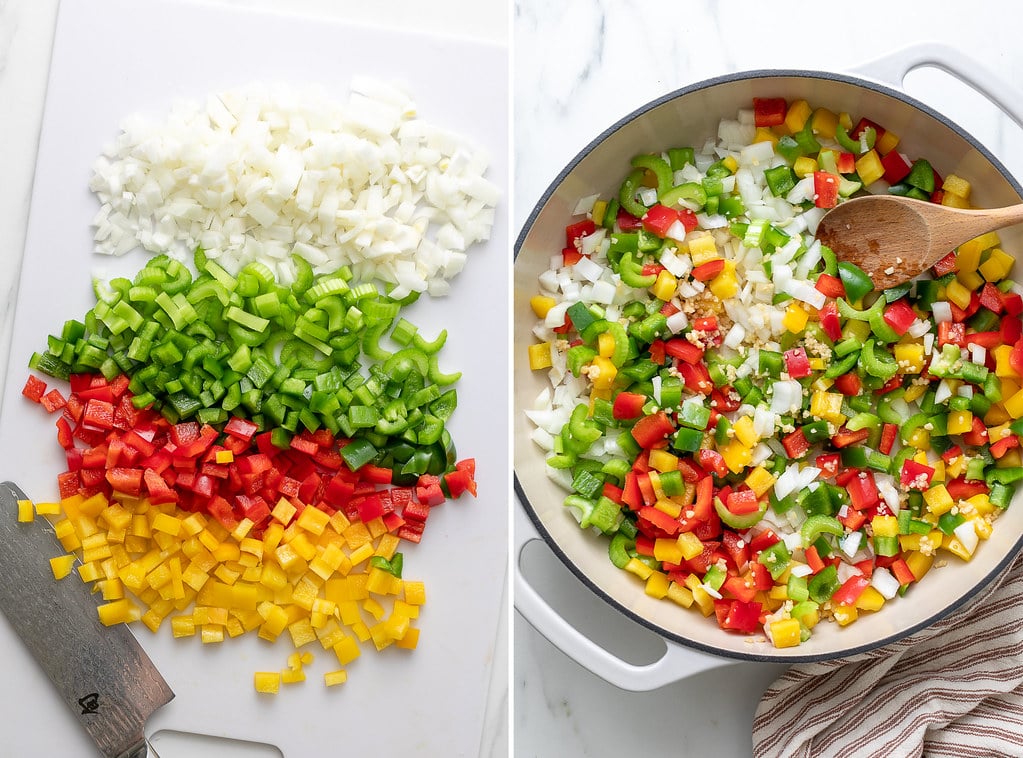 side by side photos showing prepped veggies cut and sauteed.