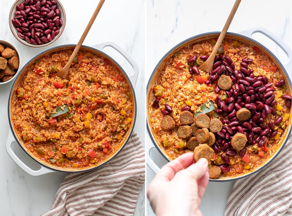 side by side photos showing the process of adding beans to vegan jambalaya.