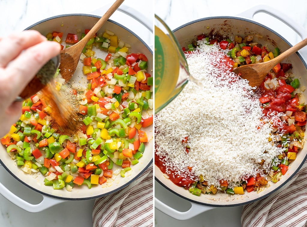 side by side photos showing the process of making vegan jambalaya.
