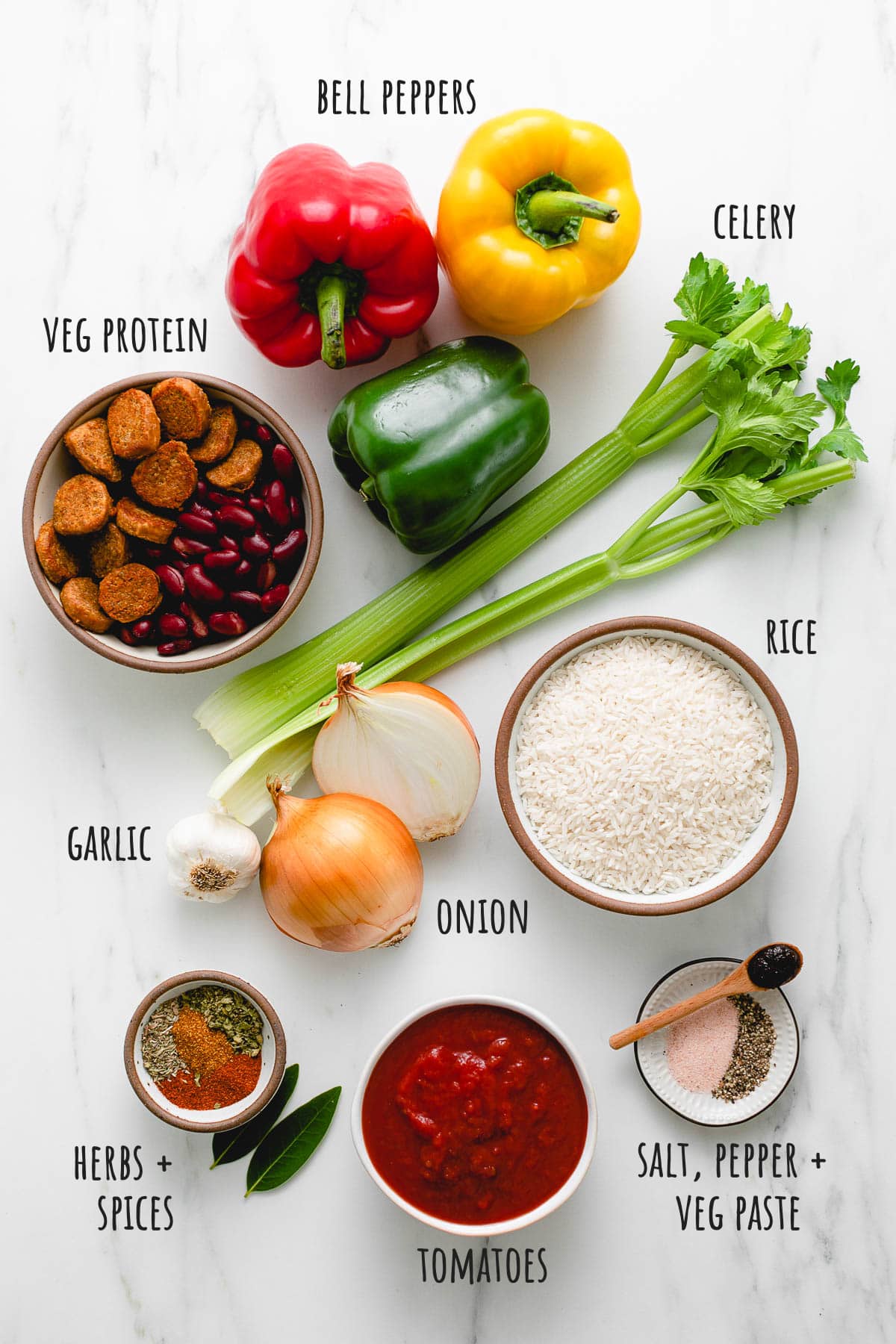 top down view of ingredients used to make vegan jambalaya recipe.