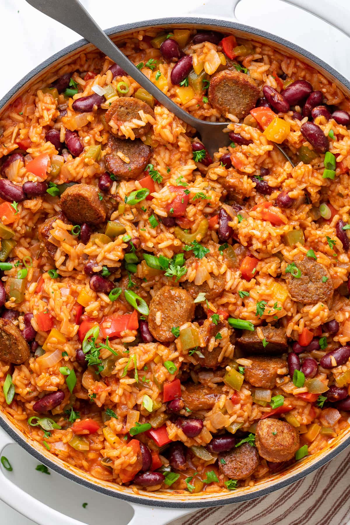 top down view of fresh made vegan jambalaya in a pan.