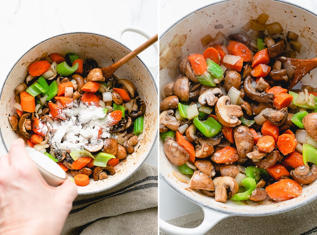 side by side photos showing the process of adding flour to sauteed vegetables.