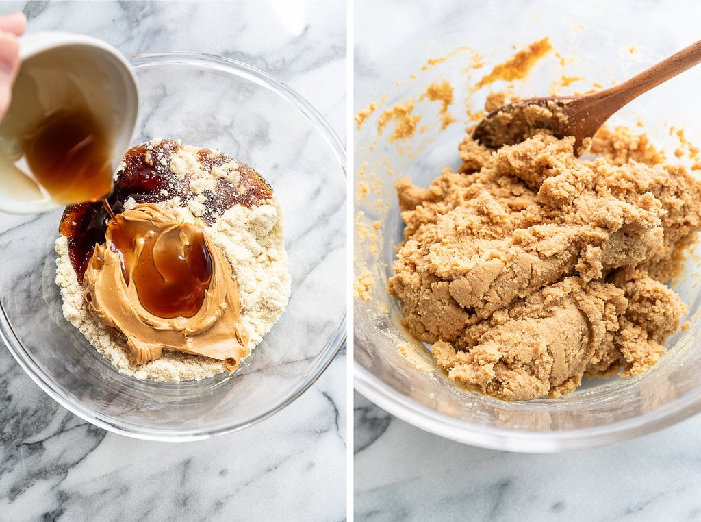 side by side photos showing the process of making almond flour peanut butter dough in a glass bowl.