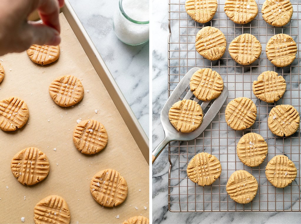 side by side photos showing the process baking gluten free peanut butter cookies.
